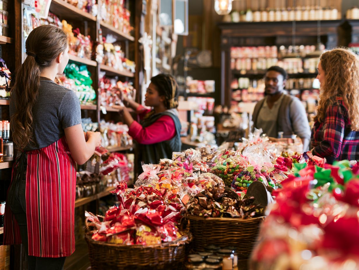 Baskets of wrapped candy and chocolate in an independent shop